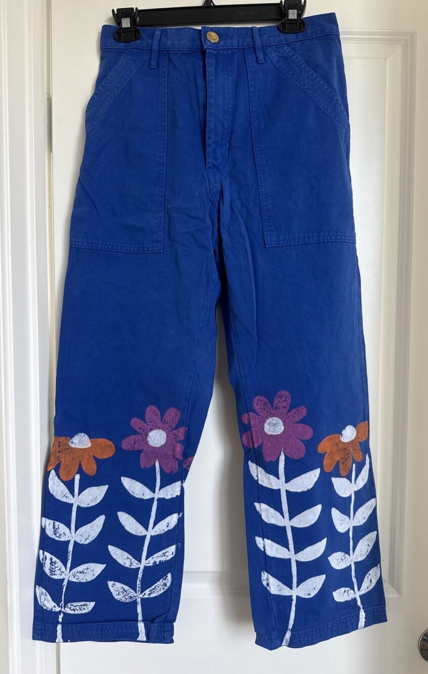 Bid Bud Press Work Pants Womens S Blue Daisy Boho Mod Floral Retro Made In USA